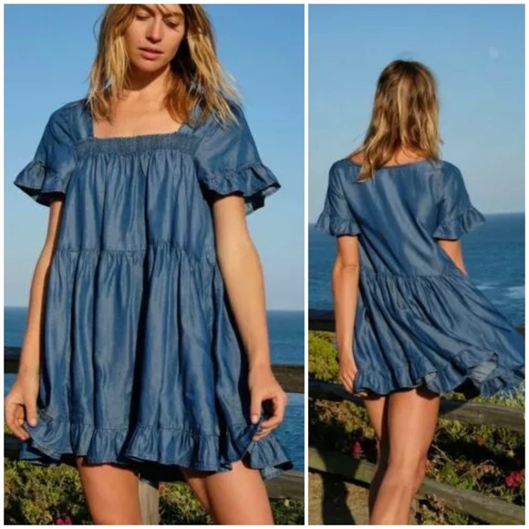 Free People Dresses & Skirts - {Free People} Sadie Denim Chambray Tunic Flounce Mini Dress, Size M